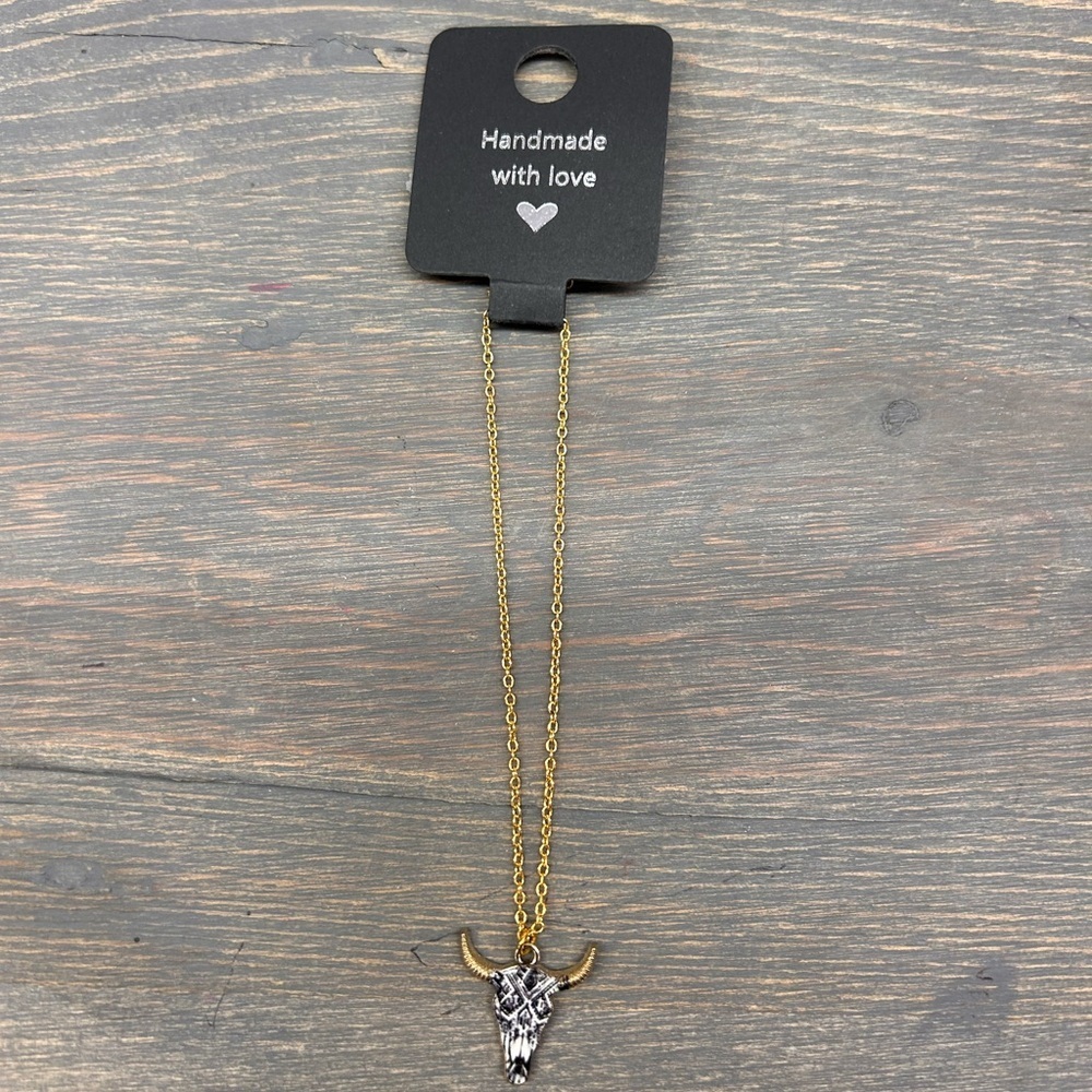 NEW small shop black & white Aztec bull skull necklace